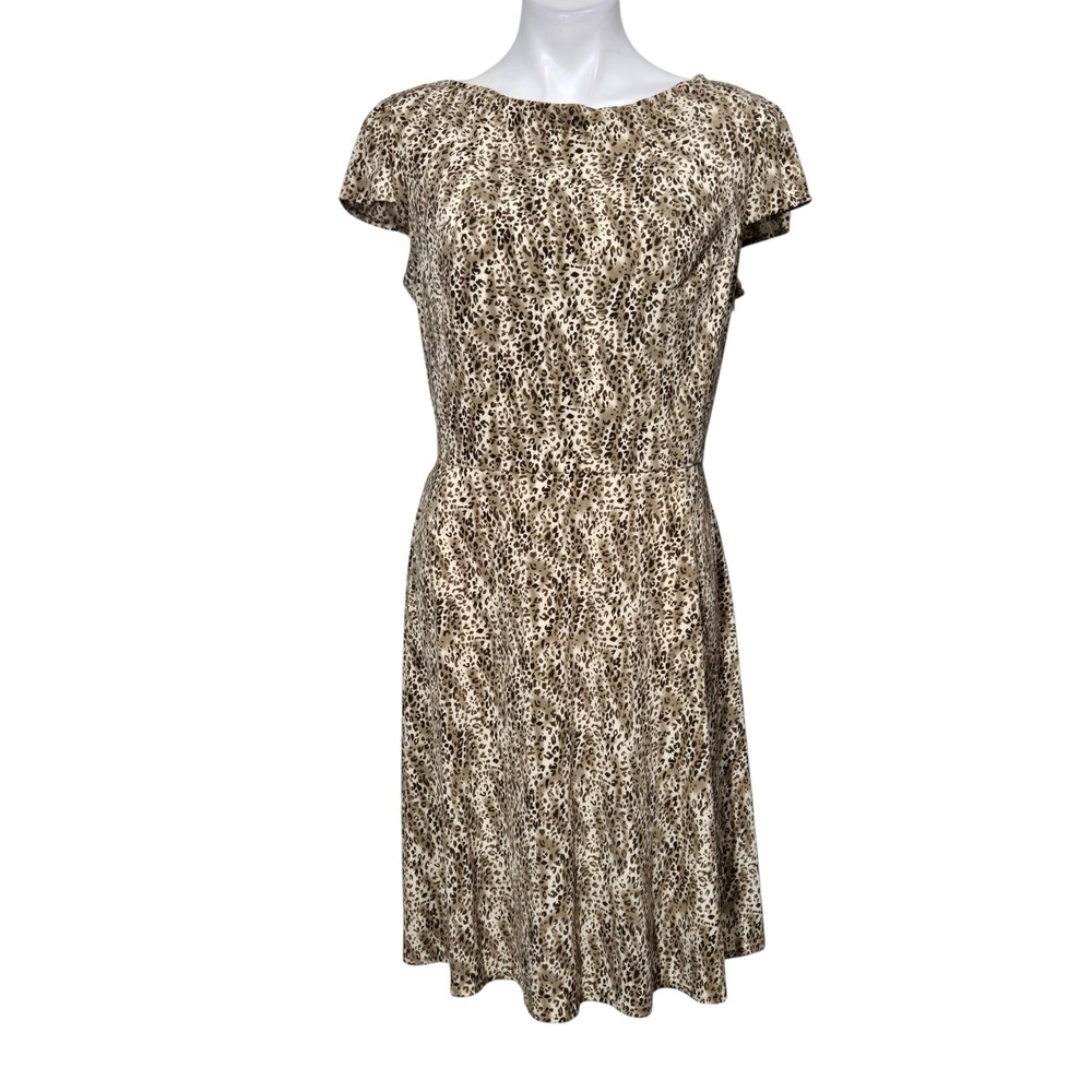 Tahari ASL dress sz 12 Leopard Print Short Sleeve Brown Tan office fall church
